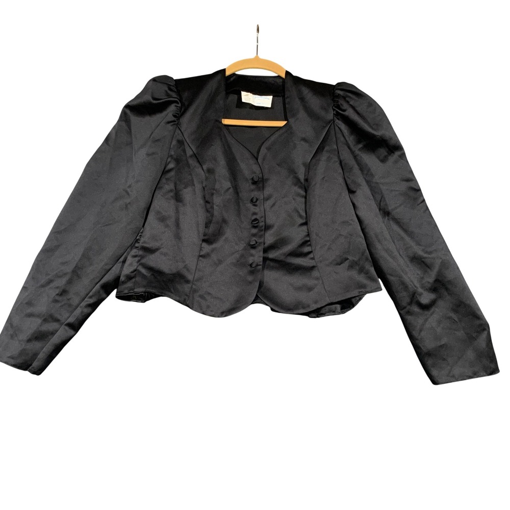 Southeastern Satin Puff Shoulder Jacket Women XL Black Cropped Vintage Style 80s